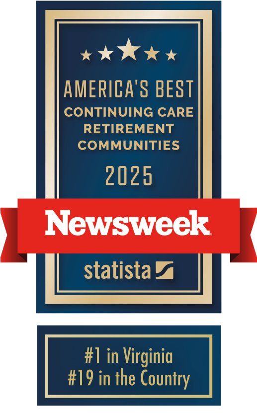 Award plaque with Americas Best Continuing Care Retirement Communities 2025 and Newsweek logo. Text at bottom reads #1 in Virginia, #19 in the Country.